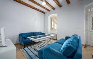a living room with two blue couches and a table at Cozy Home In Koromacno in Koromačno