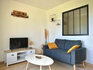 un salon avec un canapé bleu et une télévision dans l'établissement Le Golden View - Vue Imprenable & Parking Gratuit, à Chambéry