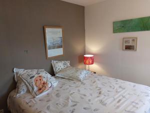 ein Schlafzimmer mit einem Bett mit einem Kissen und einer Lampe in der Unterkunft maison caroline bairon in Le Chesne