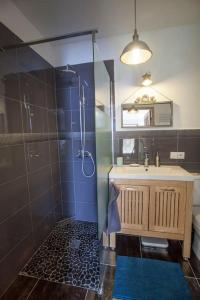 ein Bad mit einer Dusche und einem Waschbecken in der Unterkunft Charming 2-room flat near Paris in Nogent-sur-Marne