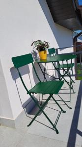 a green table and chair with a potted plant at Homestay near motorway in Giarmata