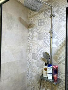La salle de bains est pourvue d'une douche et d'une étagère avec des produits. dans l'établissement Dream Lake, à Palić