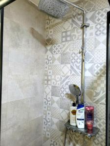 a bathroom with a shower with a shelf with products on it at Dream Lake in Palić +15 photos