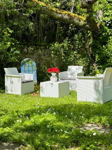 een groep stoelen en een tafel in het gras bij La Maison de Romance d’Hauterive in Villeneuve-sur-Lot