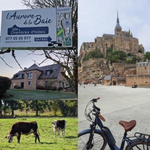 kolaż zdjęć z rowerem i zamkiem w obiekcie L'Aurore de la Baie, vue sur le Mont-Saint-Michel w mieście Huisnes-sur-Mer