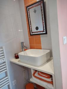 ein Badezimmer mit einem weißen Waschbecken auf einem Regal in der Unterkunft Doubs Séjour - Chambres et petits déjeuners in Verdun-sur-le-Doubs