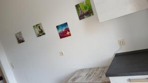 a kitchen with pictures on a white wall at Stellas Monteurwohnungen in Crimmitschau