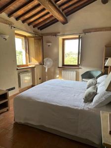 een slaapkamer met een groot wit bed en 2 ramen bij Villa Montebella in Nottola