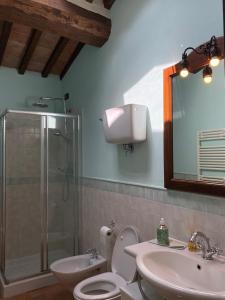 een badkamer met een douche, een toilet en een wastafel bij Villa Montebella in Nottola