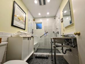 a bathroom with a shower and a toilet and a sink at Oceanfront Crackling Cove Cottage NEW in Prospect Harbor