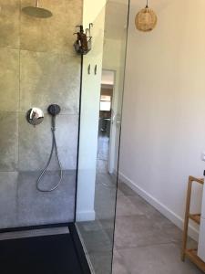 doccia in camera con porta in vetro di Maison de vacances le Bosquet a Céret