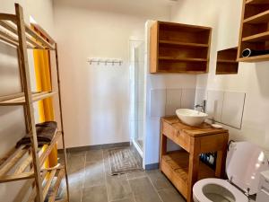 La salle de bains est pourvue d'un lavabo et de toilettes. dans l'établissement L'atelier du Salagou, à Octon