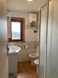a bathroom with a toilet and a sink and a window at Il giardino fiorito in Santa Luce