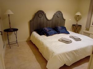 1 dormitorio con 1 cama blanca grande con almohadas azules en Maison au cœur des corbières, en Saint-Laurent-de-la-Cabrerisse
