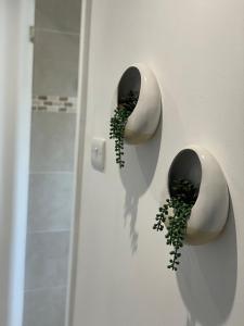 ein Paar weißer Toilettenpapier-Halter mit einer Pflanze in der Unterkunft Cosy home close to M6 motorway in Pemberton