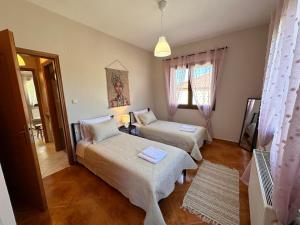 ein Zimmer mit zwei Betten und einem Fenster in der Unterkunft Mountain Serenity in Konitsa