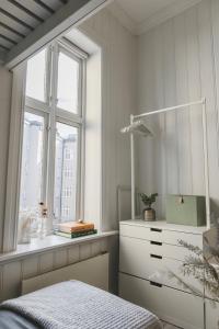 1 dormitorio con vestidor y ventana en Studio apartment in central Oslo en Oslo