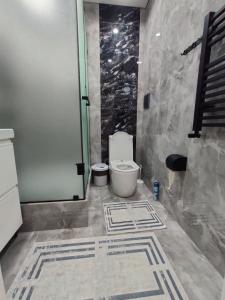 a bathroom with a toilet and a glass shower stall at ЖК Prime Park in Shymkent +16 photos