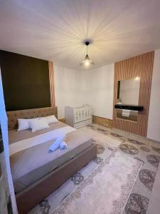 a bedroom with a large bed and a mirror at Pogradeci Lake Guest House in Pogradec