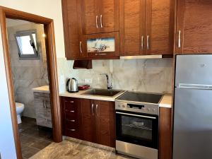 a kitchen with wooden cabinets and a stainless steel refrigerator at Nick's Apartments Evia in Achladi