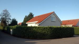 a white house with an orange roof and a hedge at -Duinhuisje - voor families & honden nabij strand in Noordwijk