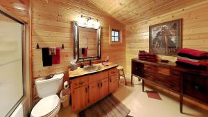 a bathroom with a toilet and a sink in a log cabin at Grand View Log Cabin in Seeley