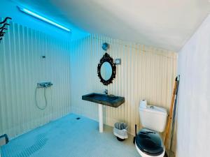 uma casa de banho com um espelho, um lavatório e um WC. em Maison avec piscine em Antibes