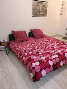 uma cama grande com um edredão vermelho e rosa em Le St Benoit em Saint-Guilhem-le-Désert