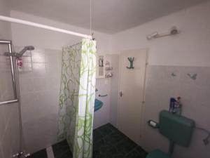 uma casa de banho com uma cortina de chuveiro e um WC em Tini Apartman em Balatonfüred