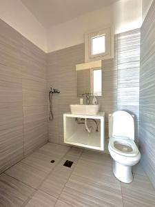 a bathroom with a white toilet and a sink at Villa Kate in Borsh