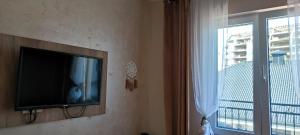 TV de pantalla plana colgada en una pared junto a una ventana en Gondola 43, en Zlatibor