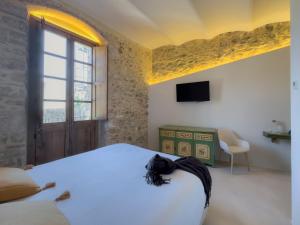 a bedroom with a white bed and a television at Terra de vents in Calonge