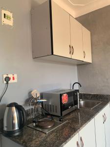 a kitchen counter with a microwave and a sink at xfurnishedapartments in Kampala