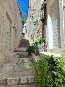 an alley with stairs and plants in an old building at Apartment Sandy in Hvar