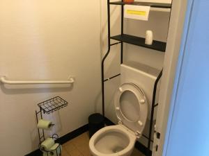 a small bathroom with a toilet with a shelf above it at Logement avec parking max 7 personnes in Eauze