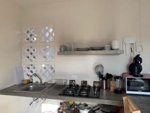 cocina con fregadero y encimera con microondas en Departamento cocoonning en "Casa Livia" piscina y jardín, en Mérida