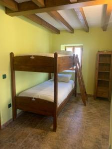two bunk beds in a room with green walls at El Tinao de la Hiruela (Entremelojos) in La Hiruela
