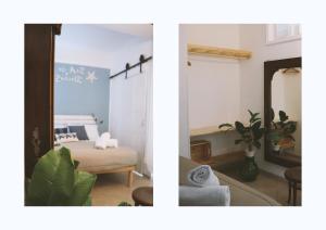 two images of a living room with a mirror at CASA COTA in Mattinata