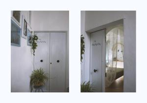 dos fotos de un pasillo con un espejo y una puerta en CASA COTA, en Mattinata