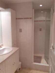 une salle de bain blanche avec une douche et un lavabo dans l'établissement La Calmille Maison avec Jardin, à Les Salelles