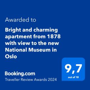 Сертификат, награда, вывеска или другой документ, выставленный в Bright and charming apartment from 1878 with view to the new National Museum in Oslo