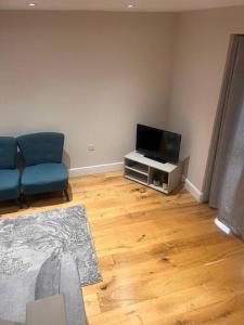ein Wohnzimmer mit einem TV und einem blauen Sofa in der Unterkunft 31 Floathaven Cl in Thamesmead