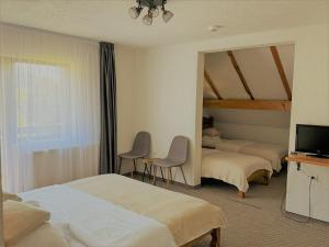 a hotel room with two beds and a mirror at Pensiunea Ursul Carcotas in Fundata