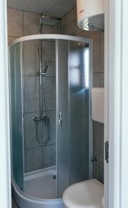 a shower with a glass door in a bathroom at Sauna Retreat Žabari, Valjevo in Valjevo