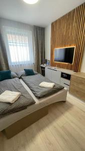 una camera con un grande letto e una TV a schermo piatto di Apartmány U Zámečku a Kyjov