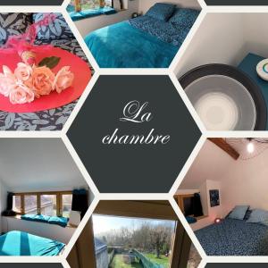 a collage of photos of a bedroom with blue and pink at L'Ancienne Vannerie, Disney,Parrot in Guérard