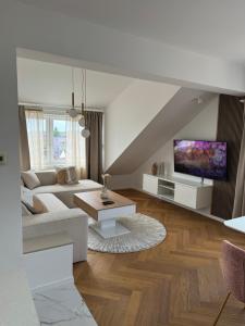 een woonkamer met een bank en een tv bij Magnolia deluxe Apartment in Zagreb