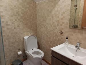 ein Badezimmer mit Toilette und Waschbecken in der Unterkunft Casa Bateira in Figueira da Foz + 24 Fotos