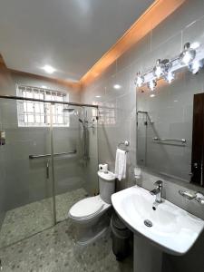 a bathroom with a toilet and a sink and a shower at Vacation Family Home 5 min from STI Airport WiFi-AC-Netflix 
