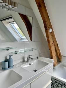 a bathroom with a sink and a skylight at The Grutto, private apartment 25 min from city center in Amsterdam